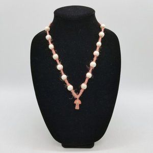 Handmade Beaded Hippie Hemp Necklace with Pink Mushroom Pendant, Boho